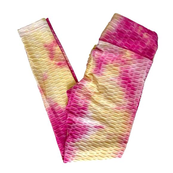 Scrunch Butt Tie Dye Leggings Womens Small Textured Pink Yellow Casual Workout - Picture 1 of 11